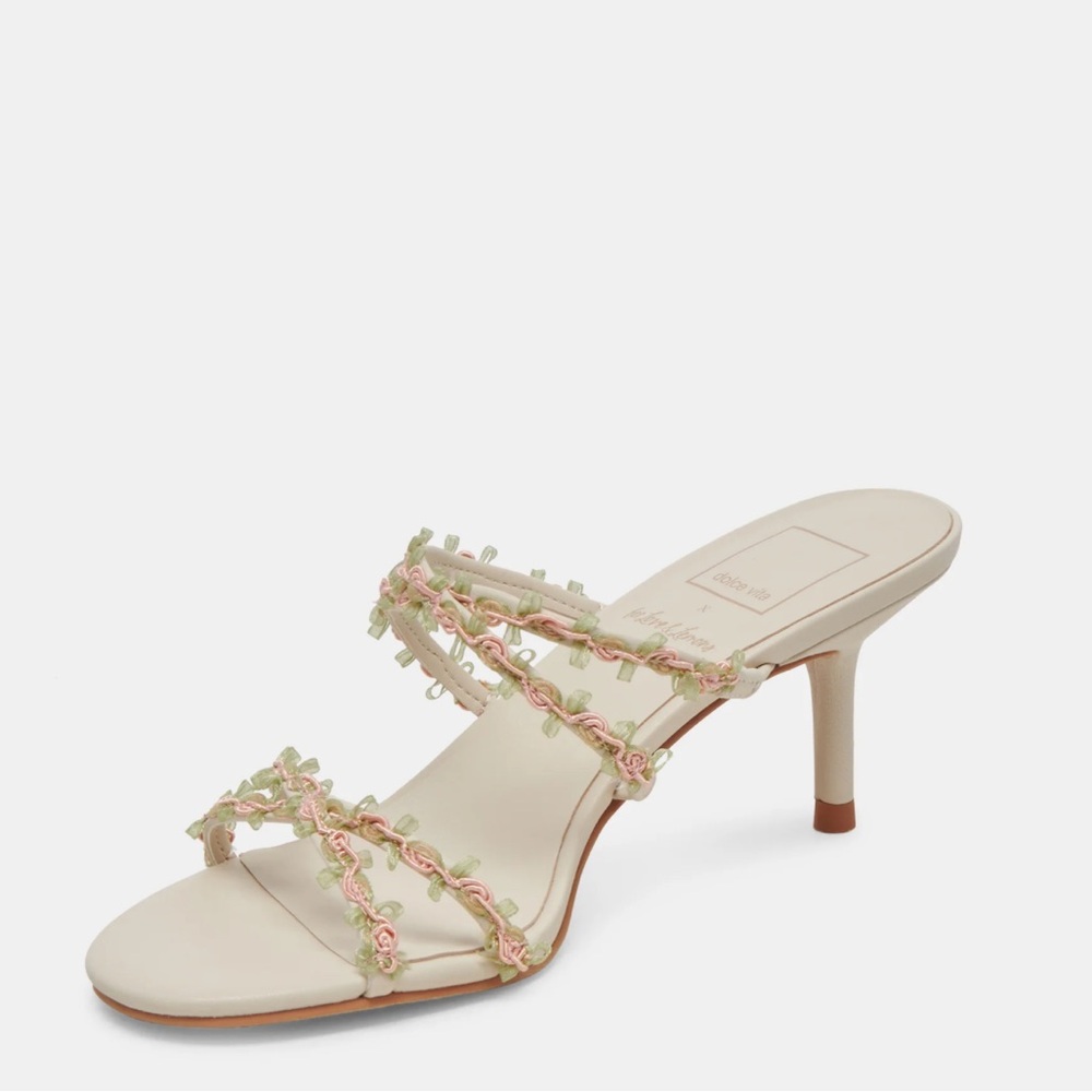 Dolce Vita Cream Heeled Slide Sandals with Pink & Green Trim